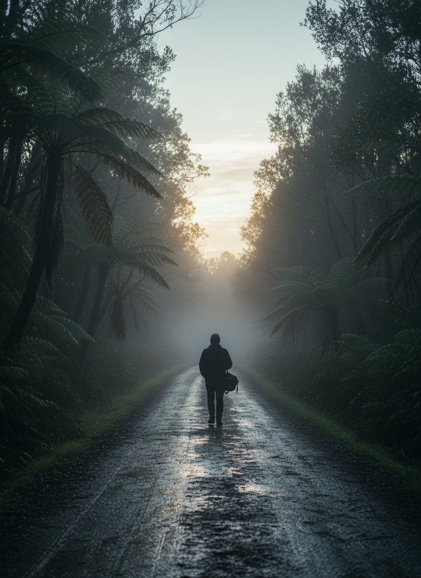 A lone figure walking a wet forest back-road at dawn in the Otways, carrying a camera bag, surrounded by ferns and fog