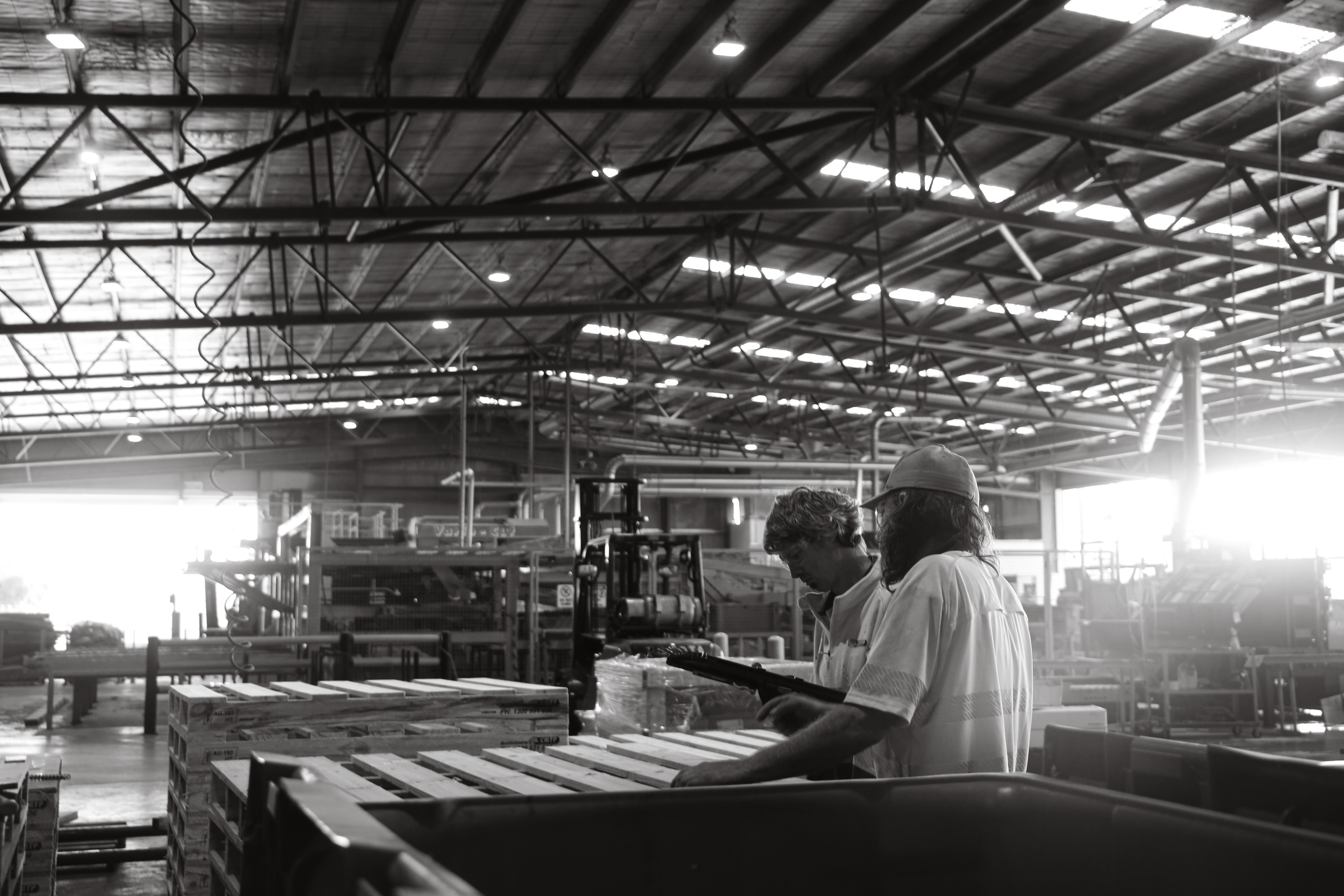 Chip cyclone and JCB loader in an outdoor timber yard, black and white landscape