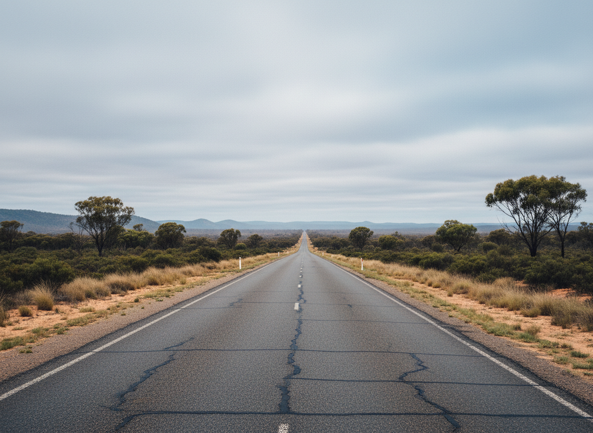 A long empty road through regional Australia — distance becomes a luxury when petrol costs money