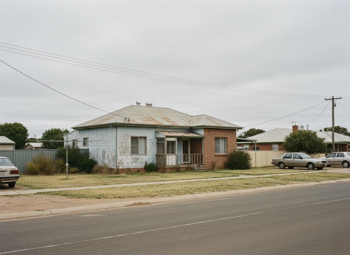 A modest weathered home on a quiet regional street — housing that is there, but never quite secure